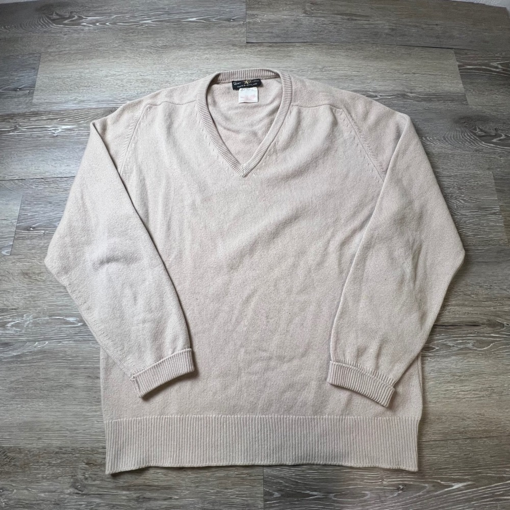 Glen Lyon Sweater Mens XL Tan Beige 100% Cashmere V-Neck Made in Scotland AT95